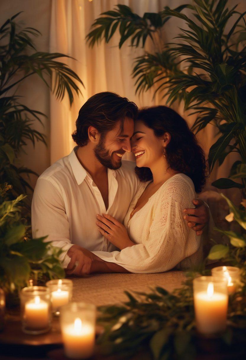 A cozy, intimate setting featuring a couple sharing a heartfelt moment, surrounded by soft candlelight and lush plants. The couple is laughing together, their hands intertwined, highlighting deep connection and affection. In the background, there are personal mementos that represent their journey together. Warm colors that evoke a sense of love and connection fill the scene. super-realistic. warm colors. soft lighting.