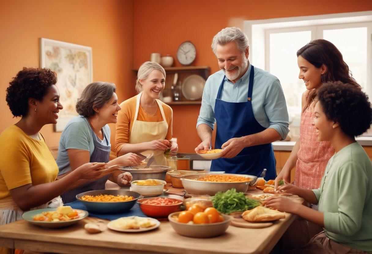 A diverse group of people of different ages and backgrounds, joyfully engaging in various activities together—like cooking, playing games, and sharing stories—symbolizing unity and connection. Warm and inviting colors, with an uplifting atmosphere, showcasing happiness and togetherness. Soft, diffused lighting to enhance the emotional warmth of the scene. super-realistic. vibrant colors. warm background.