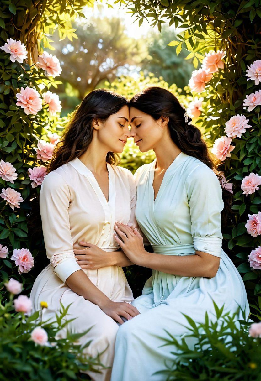 A couple sitting closely together in a serene garden, hands intertwined, surrounded by blooming flowers symbolizing trust and intimacy. Soft sunlight filters through the leaves, casting a warm glow on their faces, conveying deep connection and love. Include subtle heart shapes in the background for a romantic touch. soft focus, vibrant colors, super-realistic.